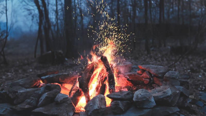 Ein beleuchtetes Lagerfeuer, das in den nÃ¤chtlichen Stunden inmitten eines ruhigen Waldes flackert.